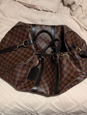 Louis Vuitton Brown Checkered Travel Carryall with Black Trim